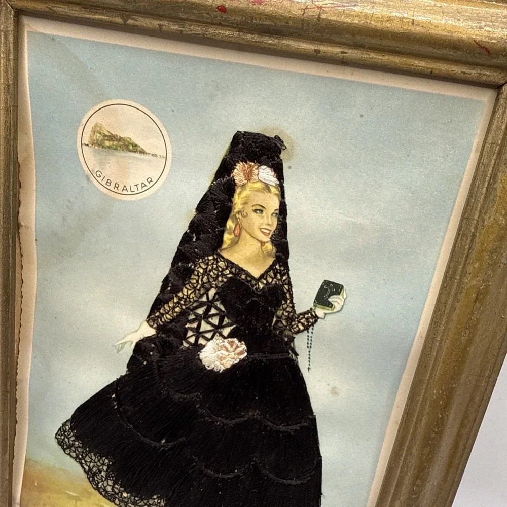 Antique Embroidered Framed Picture Women In Black Gown Signed